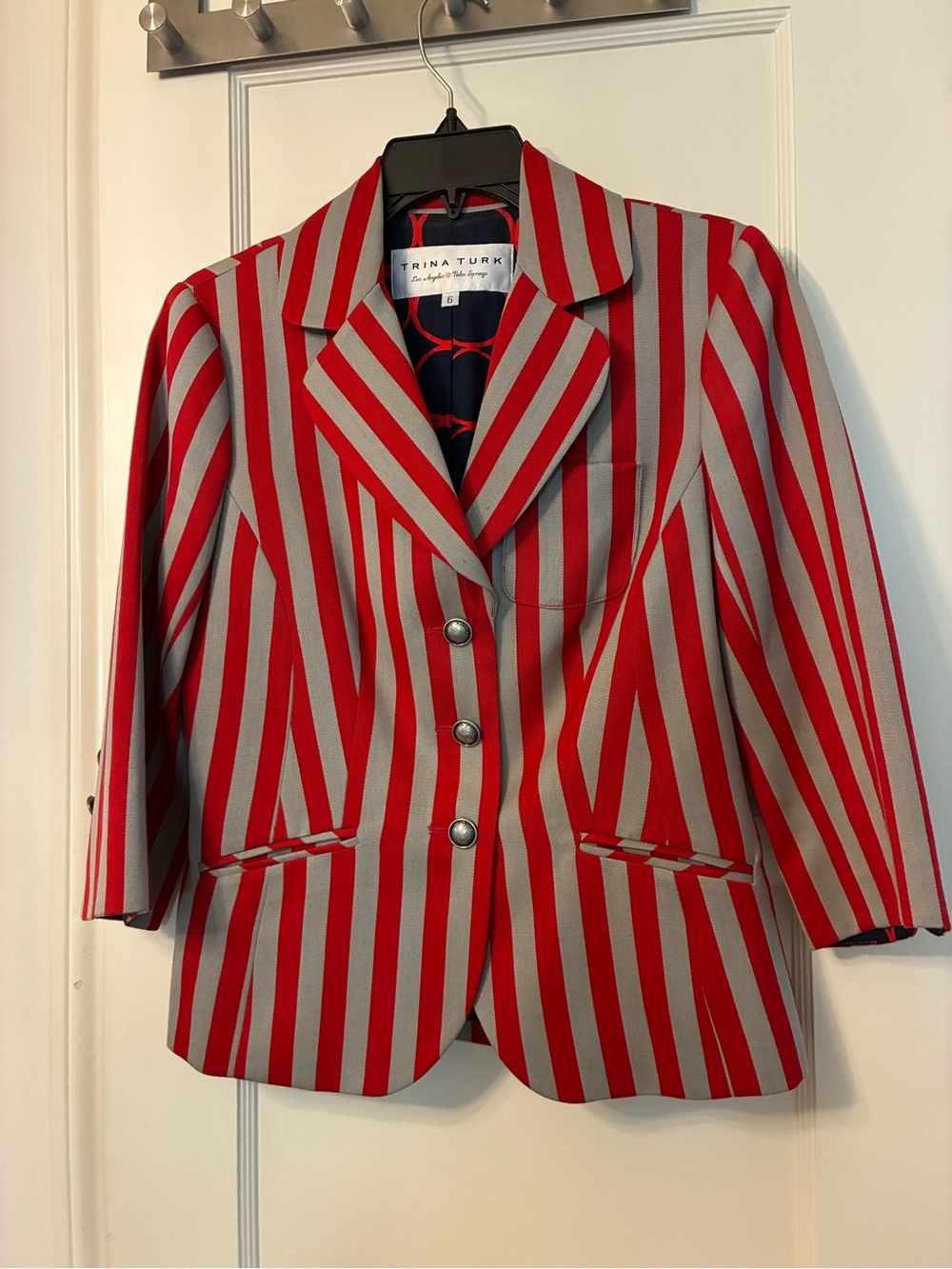 Trina Turk Red and Gray Vertical Stripe Blazer